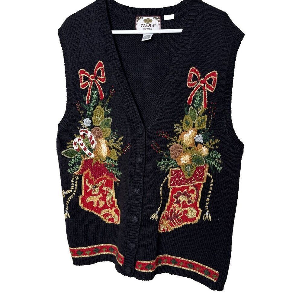 Tiara Christmas Knit Sweater Vest Stockings Black Size 14 16 Holiday Candy Canes